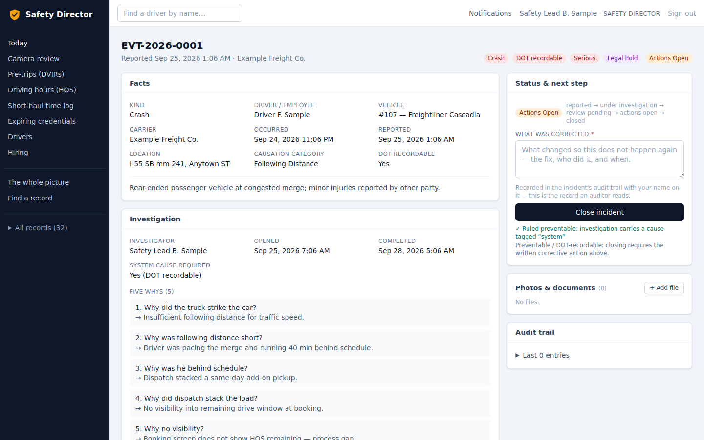 Safety Director incident screen with sample data: facts about a crash, the five-whys investigation, and a box requiring a written description of what was corrected before the incident can be closed.